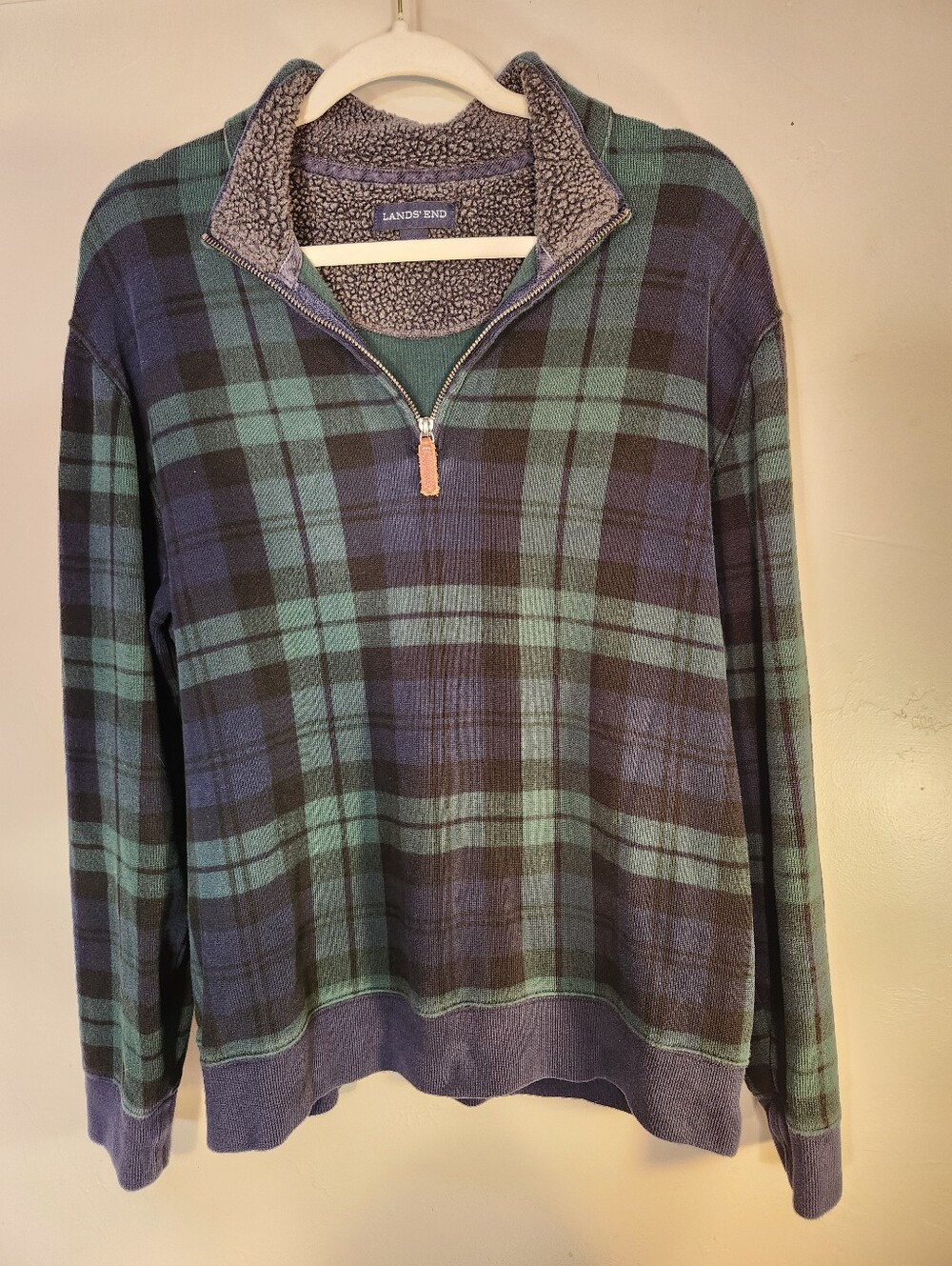 Lands' End Teal & Navy Plaid Quarter-Zip Sweater Unisex